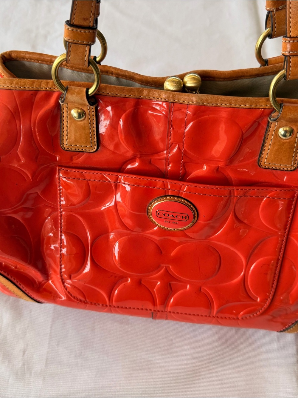 Coach Papaya Peyton Embossed Patent Leather Kisslock Orange Tote No F23722 - Picture 9 of 16
